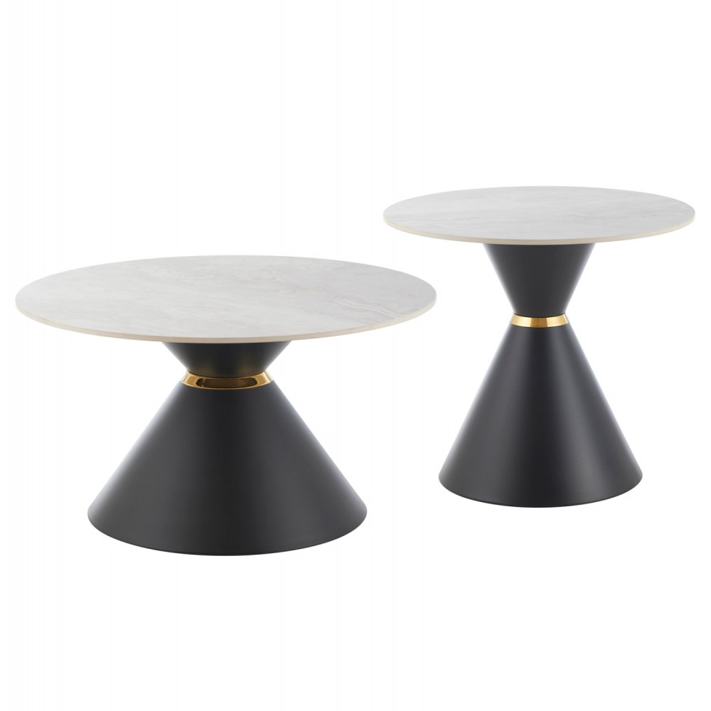 Σετ τραπέζια σαλονιού "NANDO" 2τμχ από μέταλλο/κεραμικό σε χρώμα μαύρο/γκρι μαρμάρου Φ80&Φ60