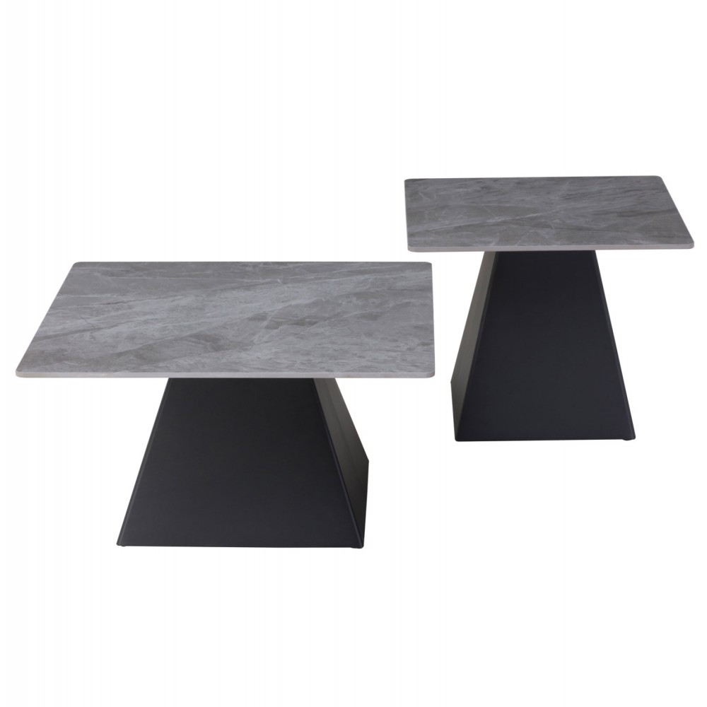 Σετ τραπέζια σαλονιού "QUBER" 2τμχ από μέταλλο/κεραμικό σε χρώμα μαύρο/γκρι μαρμάρου 80x80&60x60