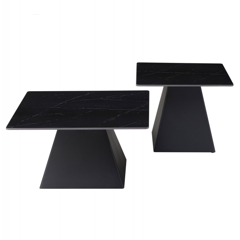 Σετ τραπέζια σαλονιού "QUBER" 2τμχ από μέταλλο/κεραμικό σε χρώμα μαύρο/μαύρο μαρμάρου 80x80&60x60