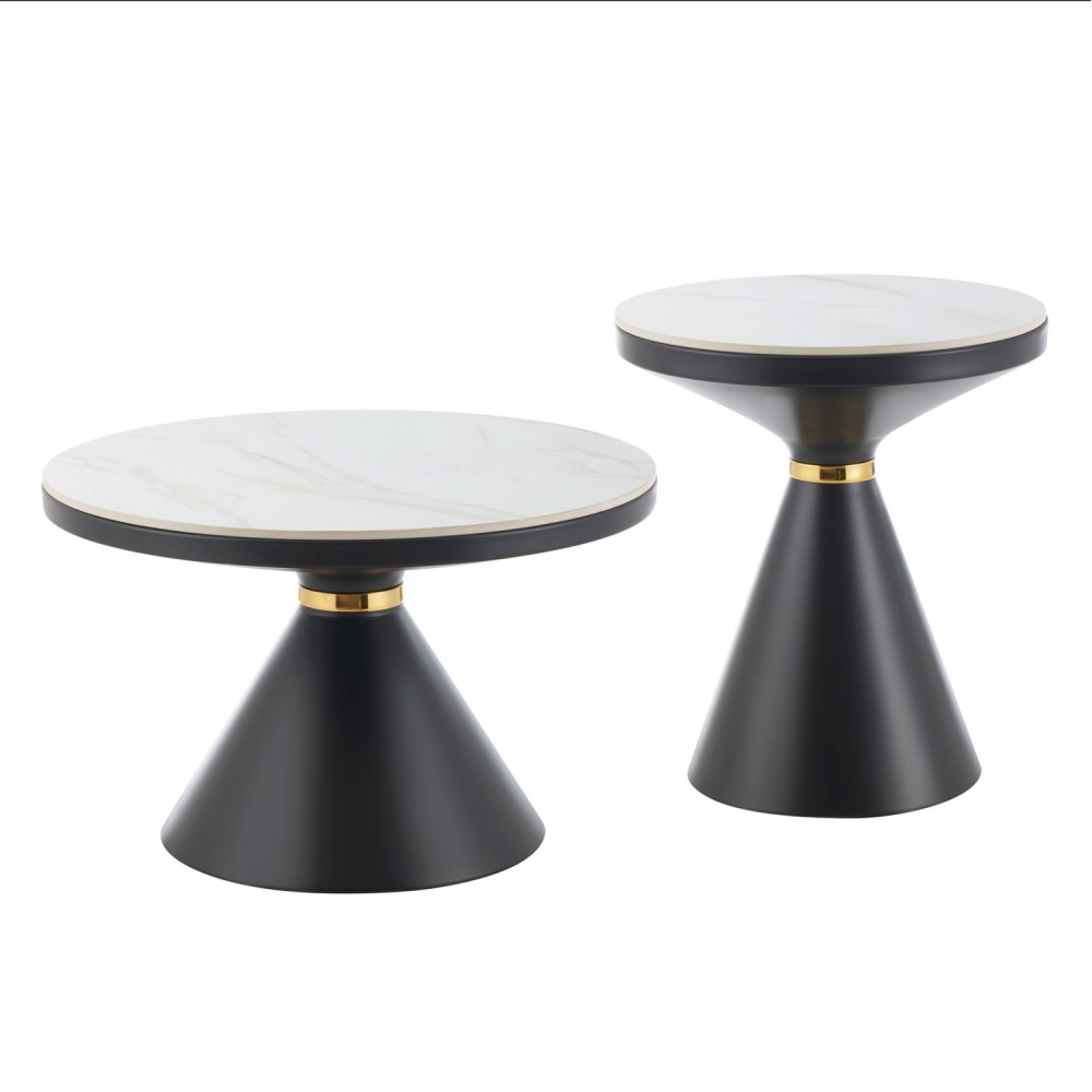 Σετ τραπέζια σαλονιού "TERRANO" 2τμχ από μέταλλο/κεραμικό σε χρώμα μαύρο/λευκό μαρμάρου Φ70&Φ50