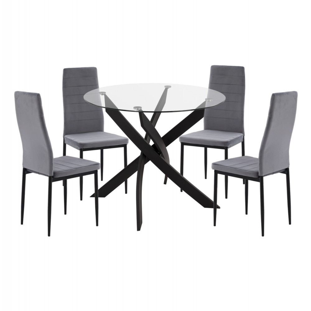 Σετ τραπεζαρίας "LADY" 5τμχ από μέταλλο/γυαλί/βελούδο σε χρώμα μαύρο/γκρι Φ90x74