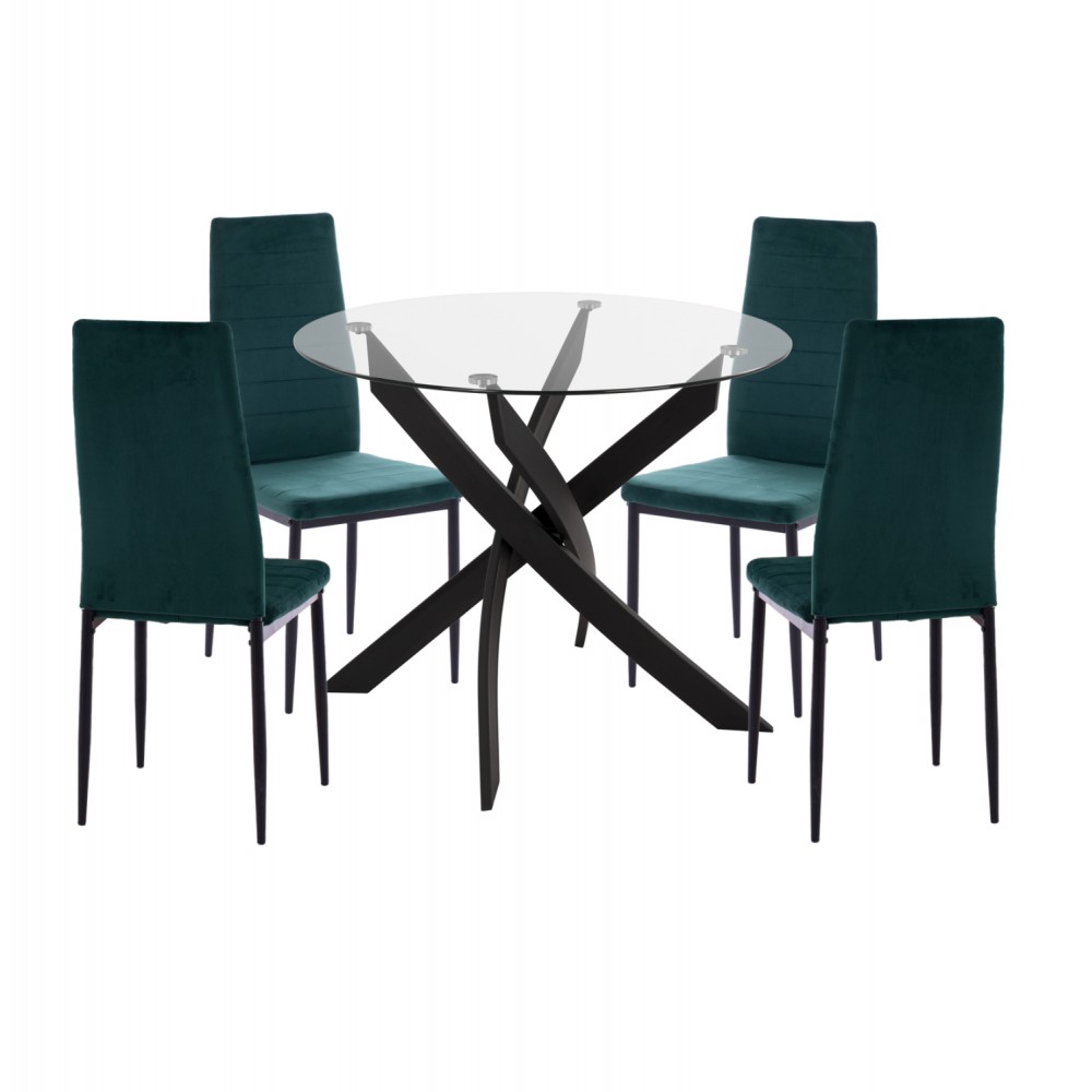 Σετ τραπεζαρίας "LADY" 5τμχ από μέταλλο/γυαλί/βελούδο σε χρώμα μαύρο/κυπαρισσί Φ90x74