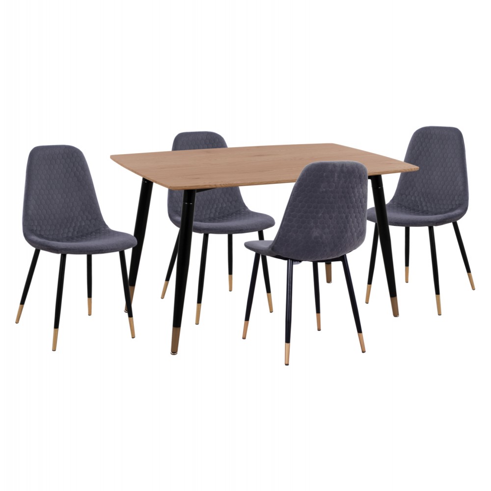 Σετ τραπεζαρίας "ALIZA" 5τμχ από mdf/μέταλλο/βελούδο σε χρώμα φυσικό/μαύρο/γκρι 120x80x74