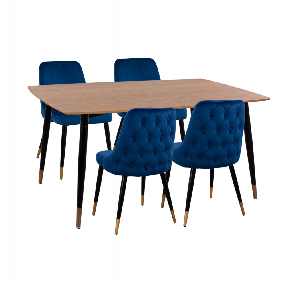 Σετ τραπεζαρίας "JOLIE" 5τμχ από mdf/μέταλλο/βελούδο σε χρώμα φυσικό/μαύρο/μπλε 160x90x74