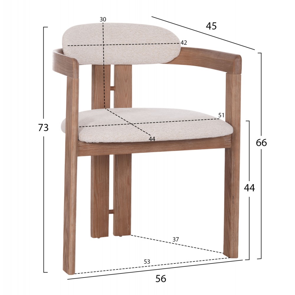 Πολυθρόνα τραπεζαρίας "KALL" από plywood/ύφασμα σε χρώμα ματ whitewash/μπεζ 56x45x73