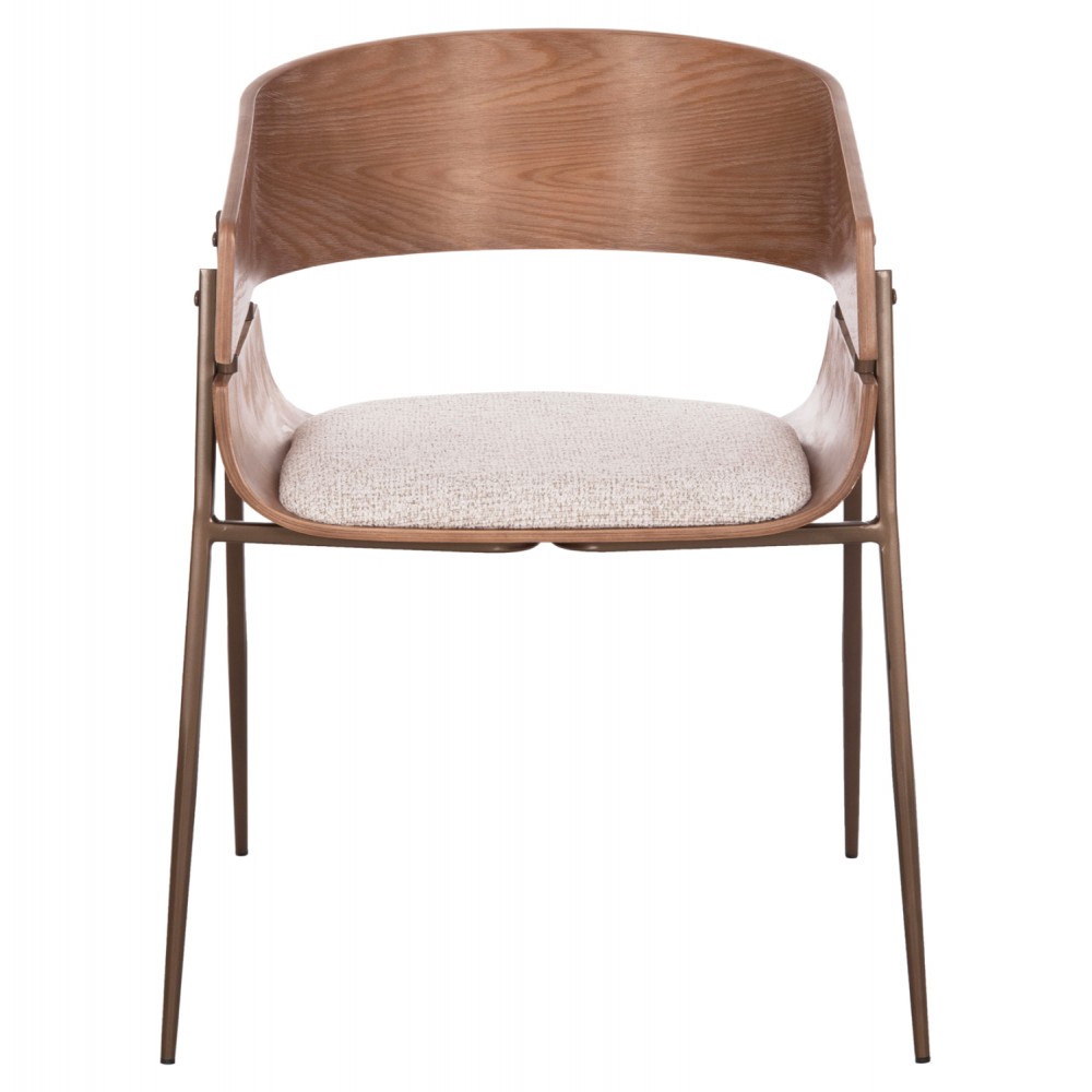 Πολυθρόνα τραπεζαρίας "KRILL" από plywood/μέταλλο/ύφασμα σε χρώμα whitewash/χάλκινο/μπεζ 55.5x55x72
