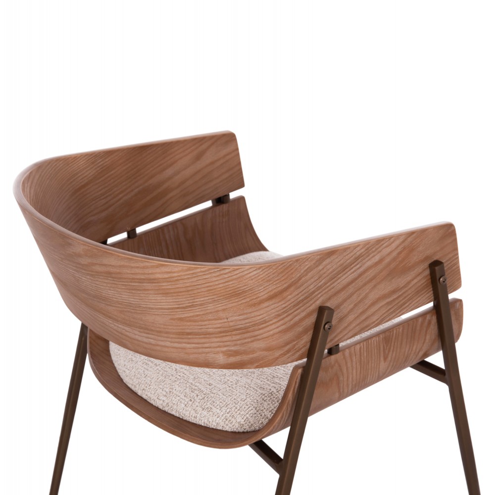 Πολυθρόνα τραπεζαρίας "KRILL" από plywood/μέταλλο/ύφασμα σε χρώμα whitewash/χάλκινο/μπεζ 55.5x55x72