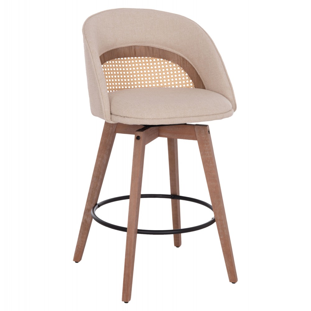 Σκαμπό μπαρ μεσαίου ύψους "RIKI" περιστρεφόμενο από ξύλο ύφασμα σε χρώμα whitewash/μπεζ 51x53x94