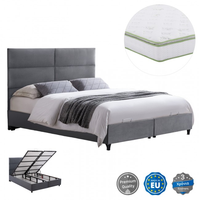 Κρεβάτι διπλό με στρώμα "MILO" με αποθηκευτικό χώρο από ύφασμα βελούδο σε χρώμα γκρι 160x200