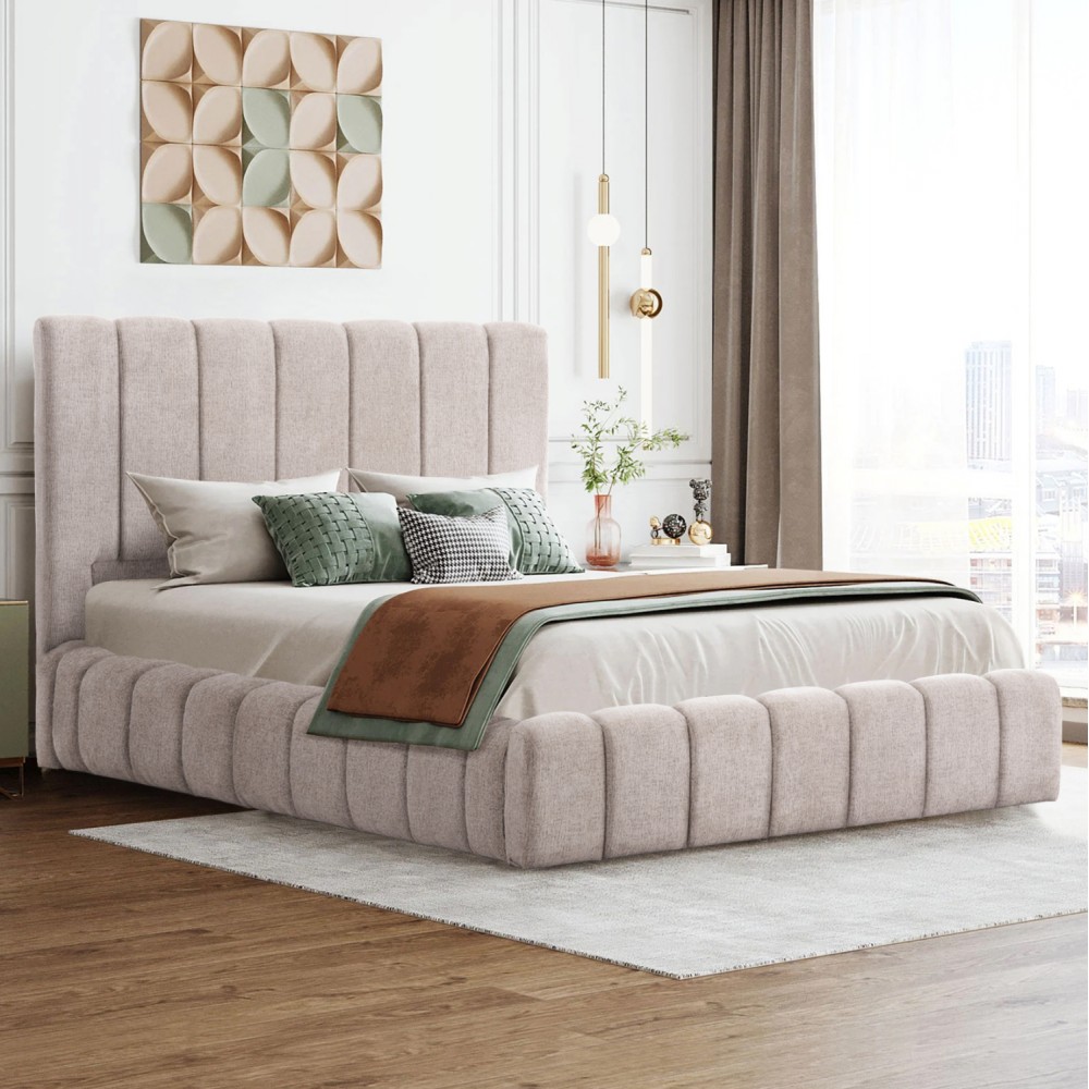 Κρεβάτι διπλό "REMO" με αποθηκευτικό χώρο από ύφασμα μπουκλέ σε χρώμα μπεζ 160x200