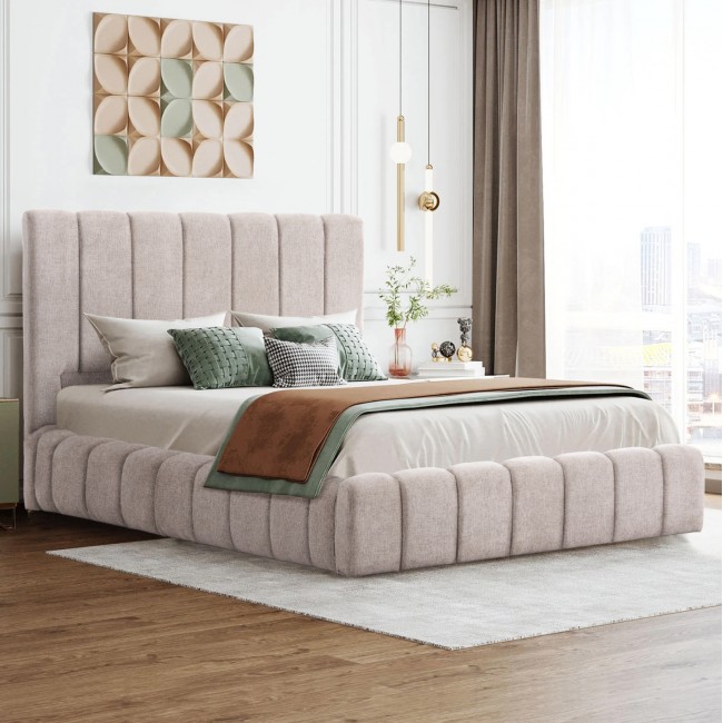 Κρεβάτι διπλό "REMO" με αποθηκευτικό χώρο από ύφασμα μπουκλέ σε χρώμα μπεζ 160x200