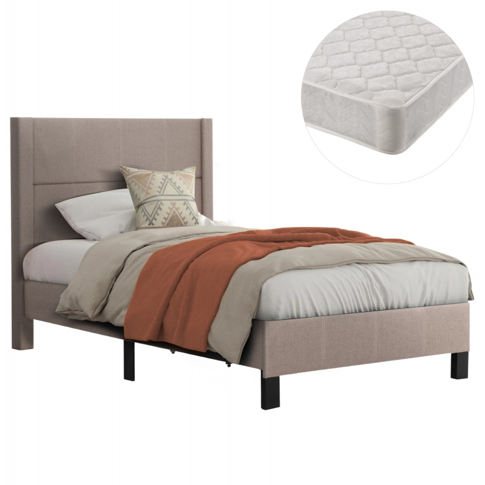 Κρεβάτι ημίδιπλο με στρώμα "TRILLOP" από ύφασμα σε χρώμα μπεζ 120x200