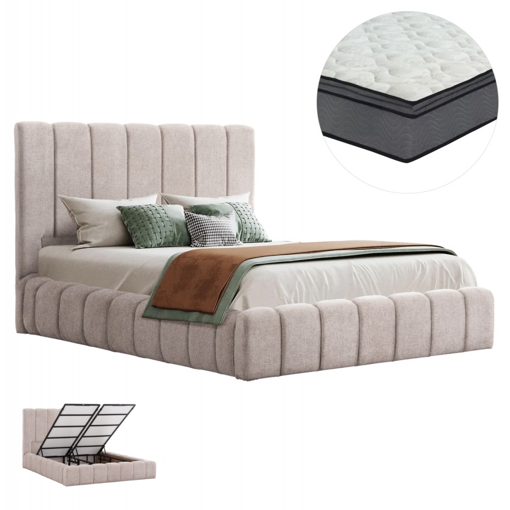 Κρεβάτι διπλό "REMO" με στρώμα και αποθηκευτικό χώρο από ύφασμα μπουκλέ σε χρώμα μπεζ 160x200
