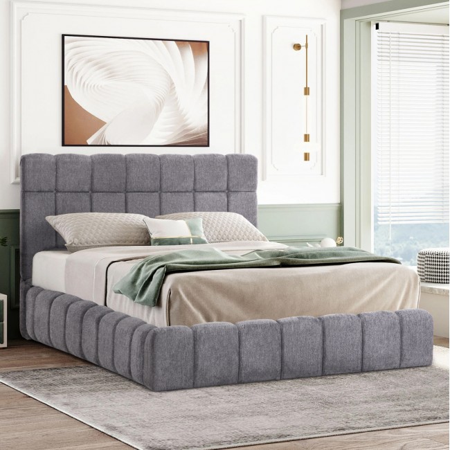 Κρεβάτι διπλό "RAMON" με στρώμα και αποθηκευτικό χώρο από ύφασμα μπουκλέ σε χρώμα γκρι 160x200