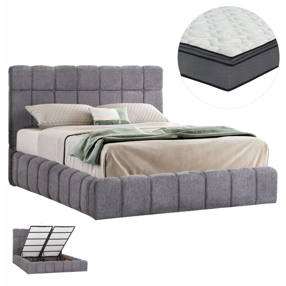 Κρεβάτι διπλό "RAMON" με στρώμα και αποθηκευτικό χώρο από ύφασμα μπουκλέ σε χρώμα γκρι 160x200