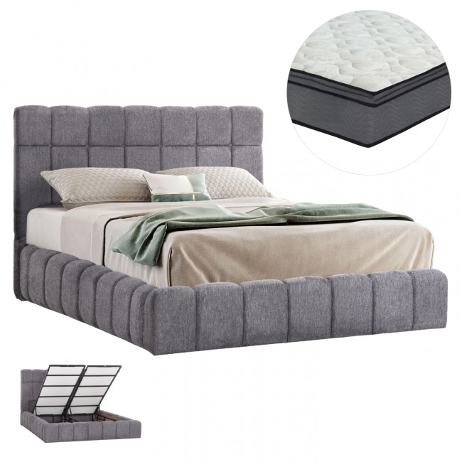 Κρεβάτι διπλό "RAMON" με στρώμα και αποθηκευτικό χώρο από ύφασμα μπουκλέ σε χρώμα γκρι 160x200