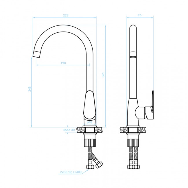 Μπαταρία κουζίνας πάγκου χρωμίου ψηλή 22.3x9.6x36.1