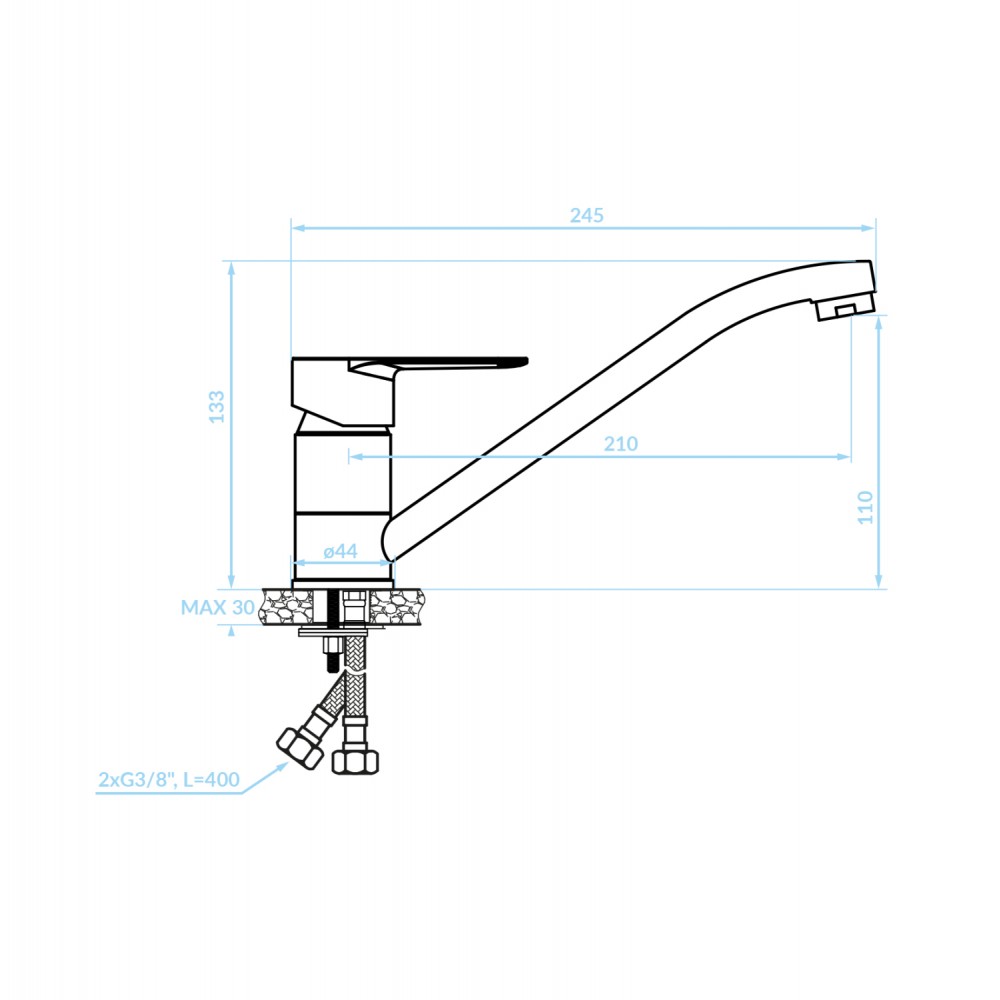 Μπαταρία κουζίνας πάγκου χρωμίου με μακρύ ρουξούνι 24.5x13.3