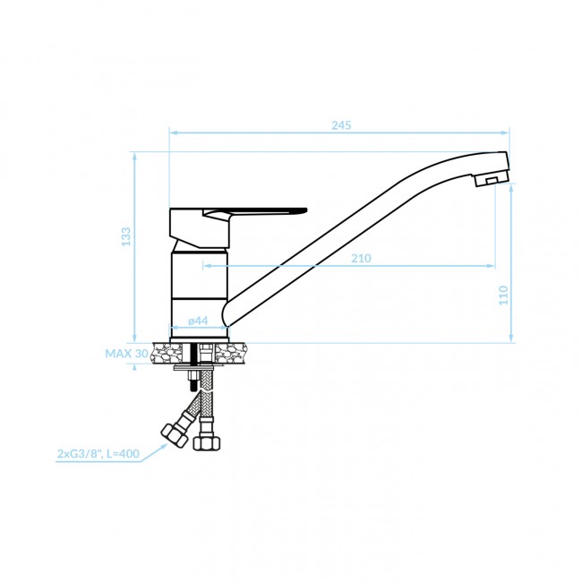 Μπαταρία κουζίνας πάγκου χρωμίου με μακρύ ρουξούνι 24.5x13.3