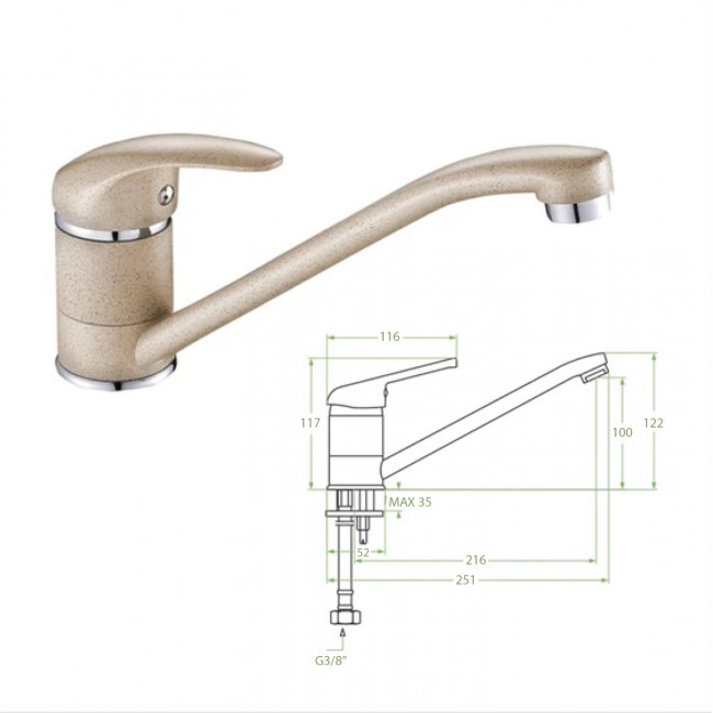 Μπαταρία κουζίνας πάγκου με μακρύ ρουξούνι σε χρώμα μπεζ γρανίτη 25.1x12.2