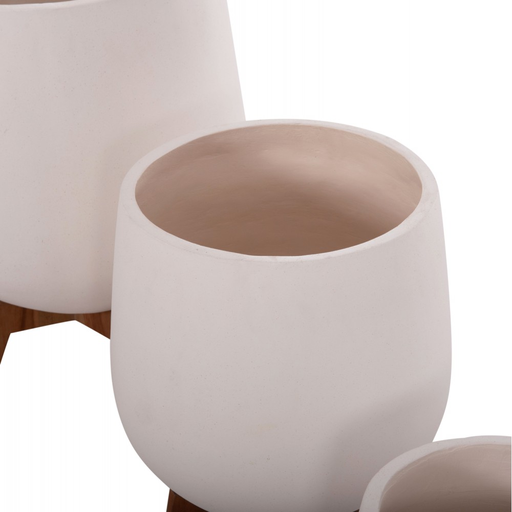 Σετ γλάστρες "TRYLL" 3τμχ από fiber cement/ξύλο teak σε χρώμα λευκό/φυσικό Φ41.5x63&Φ34x50&Φ24.5x37