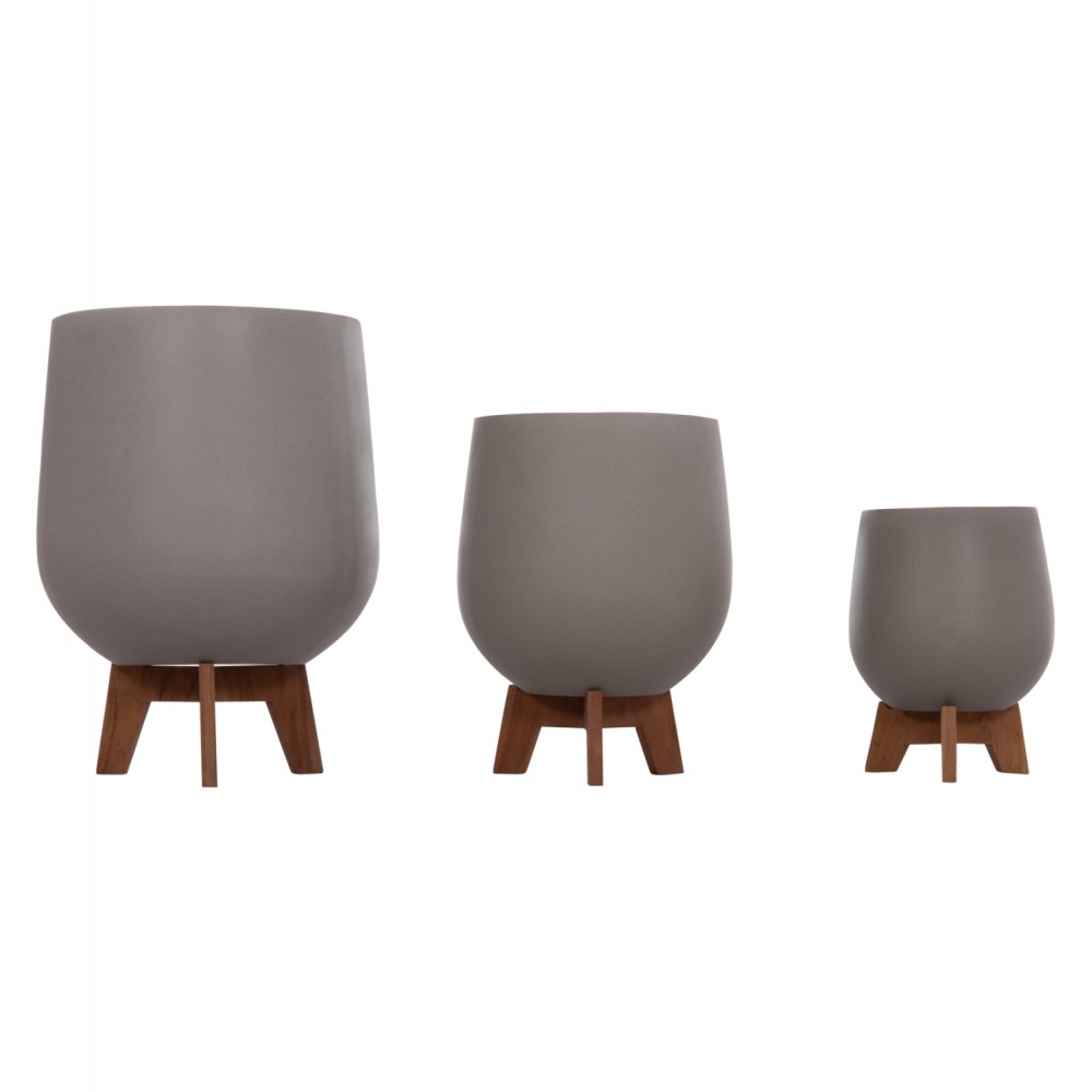 Σετ γλάστρες "TRYLL" 3τμχ από fiber cement/ξύλο teak σε χρώμα γκρι/φυσικό Φ41.5x63&Φ34x50&Φ24.5x37