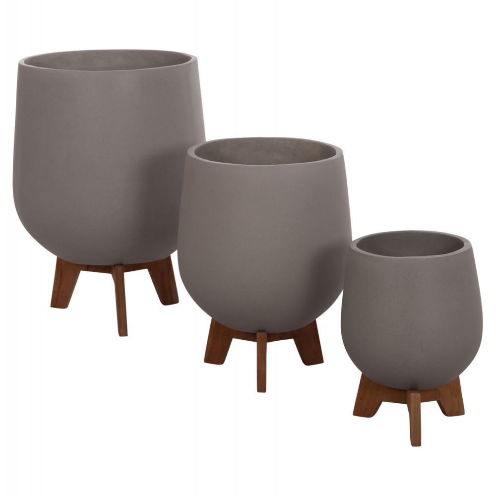 Σετ γλάστρες "TRYLL" 3τμχ από fiber cement/ξύλο teak σε χρώμα γκρι/φυσικό Φ41.5x63&Φ34x50&Φ24.5x37