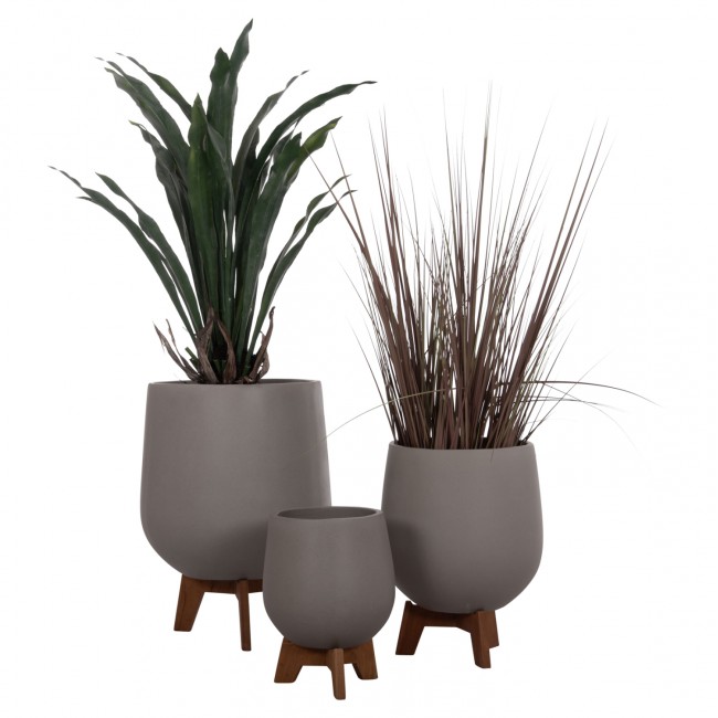 Σετ γλάστρες "TRYLL" 3τμχ από fiber cement/ξύλο teak σε χρώμα γκρι/φυσικό Φ41.5x63&Φ34x50&Φ24.5x37