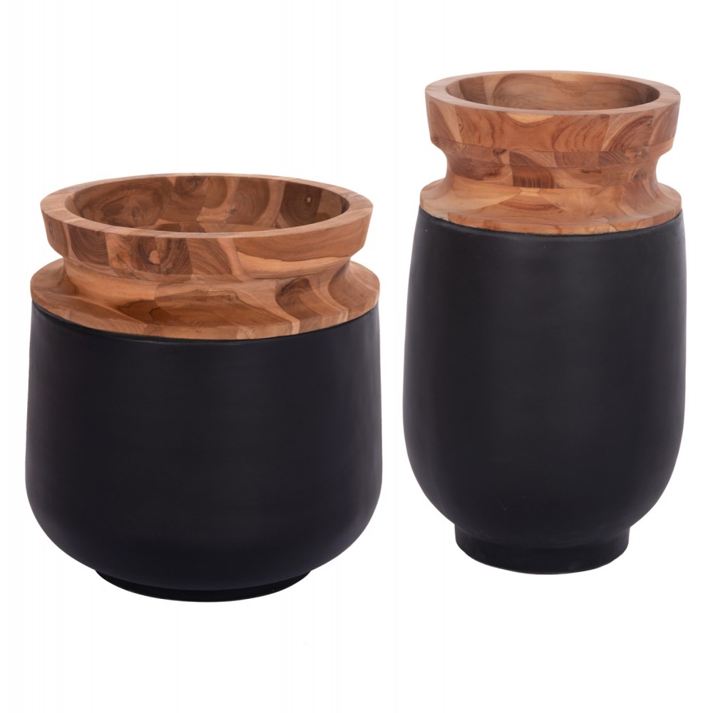Σετ διακοσμητικά βάζα δαπέδου "LINTER" από από fiber cement/ξύλο σε χρώμα μαύρο/φυσικό Φ41x47&Φ34x60