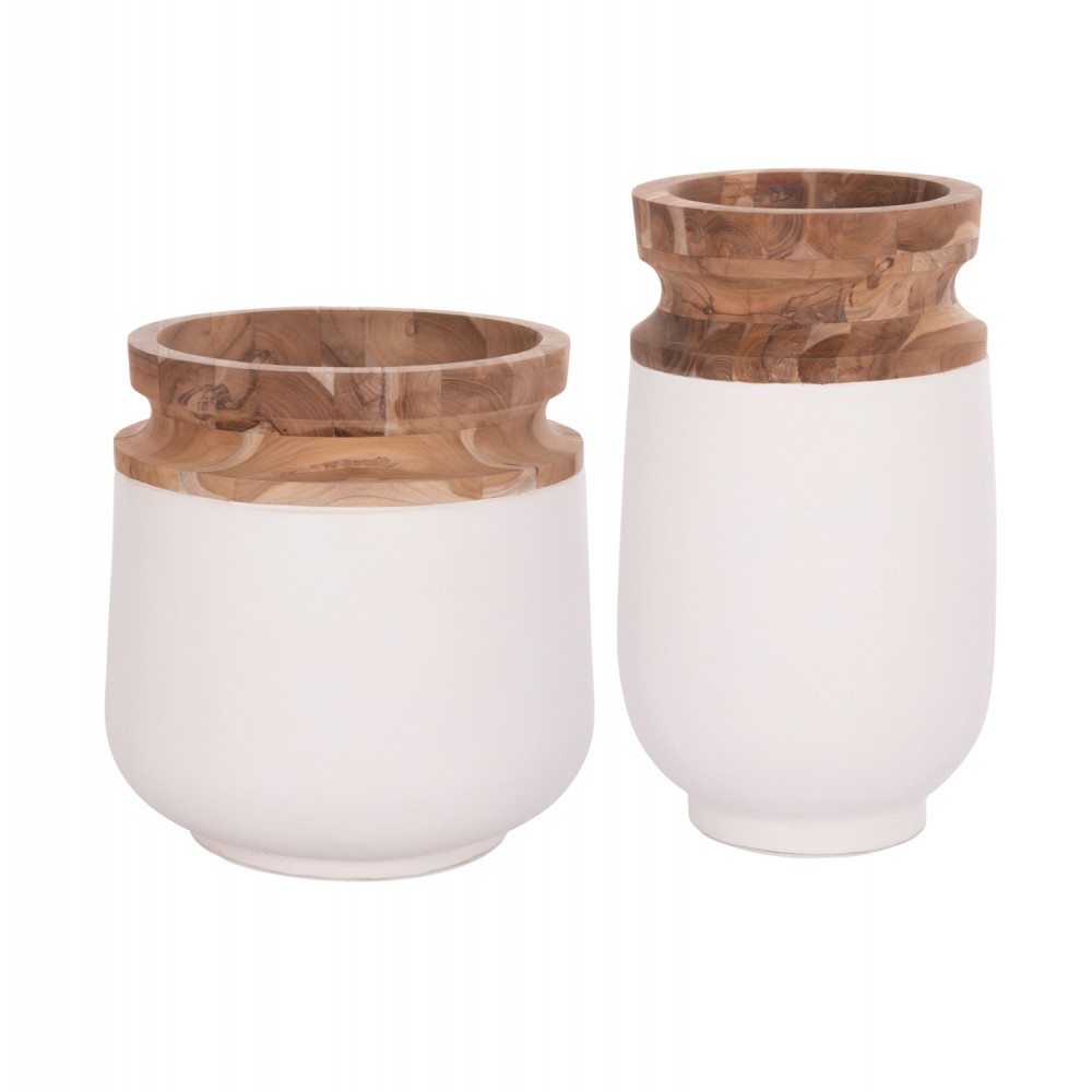 Σετ διακοσμητικά βάζα δαπέδου "LINTER" από από fiber cement/ξύλο σε χρώμα λευκό/φυσικό Φ41x47&Φ34x60