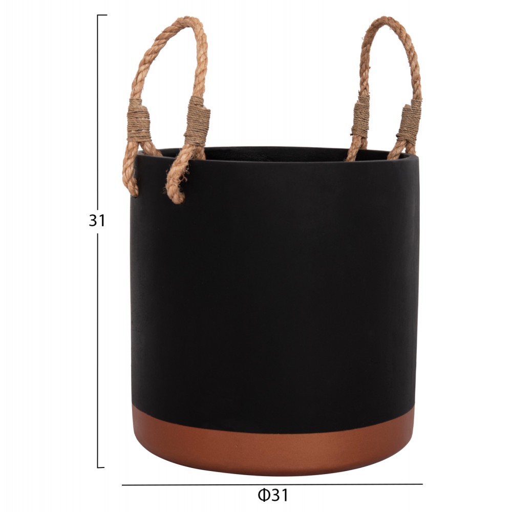 Γλάστρα "TRYLL" από fiber cement/σχοινί σε χρώμα μαύρο/μπρονζέ Φ31x31