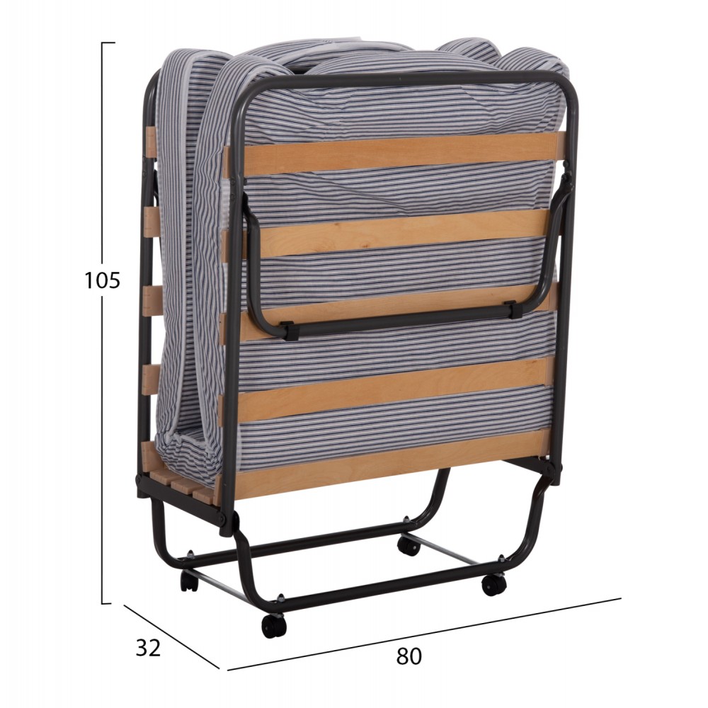 Κρεβάτι-ράντζο "NOBLE" με ρόδες και στρώμα από μέταλλο σε χρώμα μαύρο 80x182x37.5