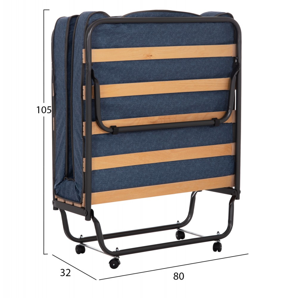 Κρεβάτι-ράντζο "NOBLE" με ρόδες και στρώμα από μέταλλο σε χρώμα μαύρο 80x182x37.5