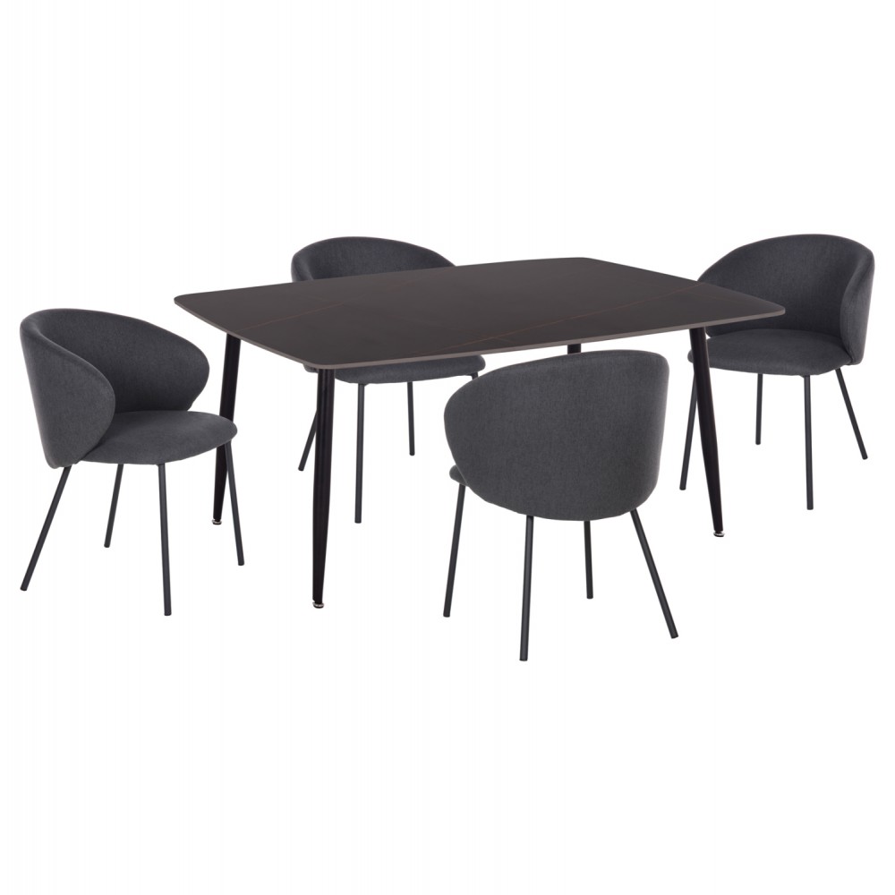 Σετ τραπεζαρίας "RAVEN" 5τμχ από κεραμικό/μέταλλο/ύφασμα σε χρώμα μαύρο μαρμάρου/γκρι 160x80x74