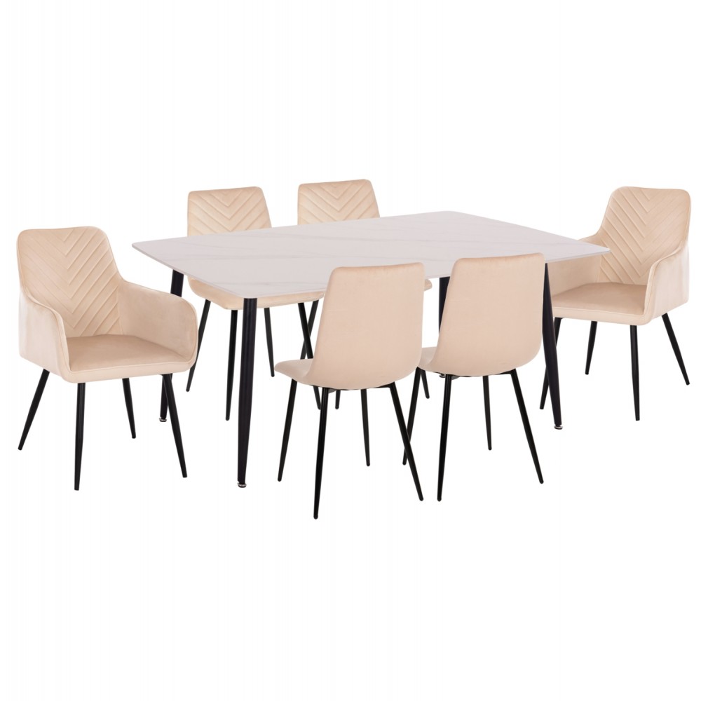 Σετ τραπεζαρίας "RAVEN" 7τμχ από κεραμικό/μέταλλο/βελούδο σε χρώμα λευκό μαρμάρου/μπεζ 160x80x74