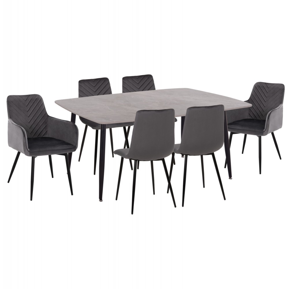 Σετ τραπεζαρίας "RAVEN" 7τμχ από κεραμικό/μέταλλο/βελούδο σε χρώμα γκρι μαρμάρου/γκρι 160x80x74