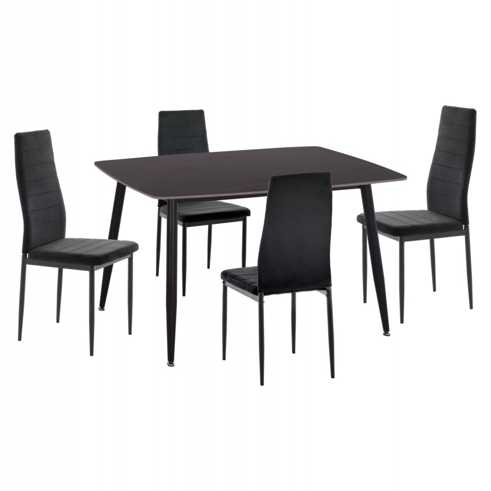 Σετ τραπεζαρίας "RAVEN" 5τμχ από κεραμικό/μέταλλο/βελούδο σε χρώμα μαύρο μαρμάρου/μαύρο 120x70x73