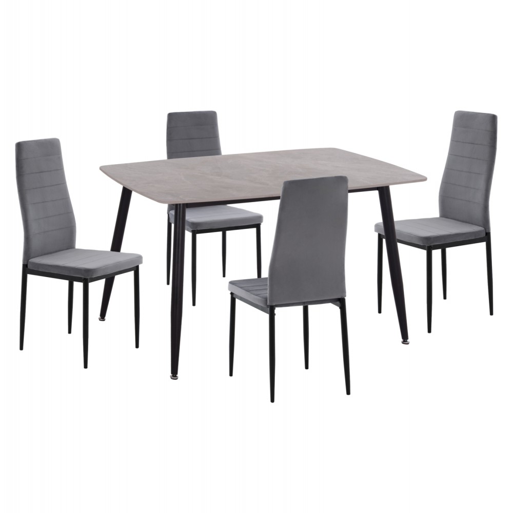 Σετ τραπεζαρίας "RAVEN" 5τμχ από κεραμικό/μέταλλο/βελούδο σε χρώμα γκρι μαρμάρου/γκρι 120x70x73