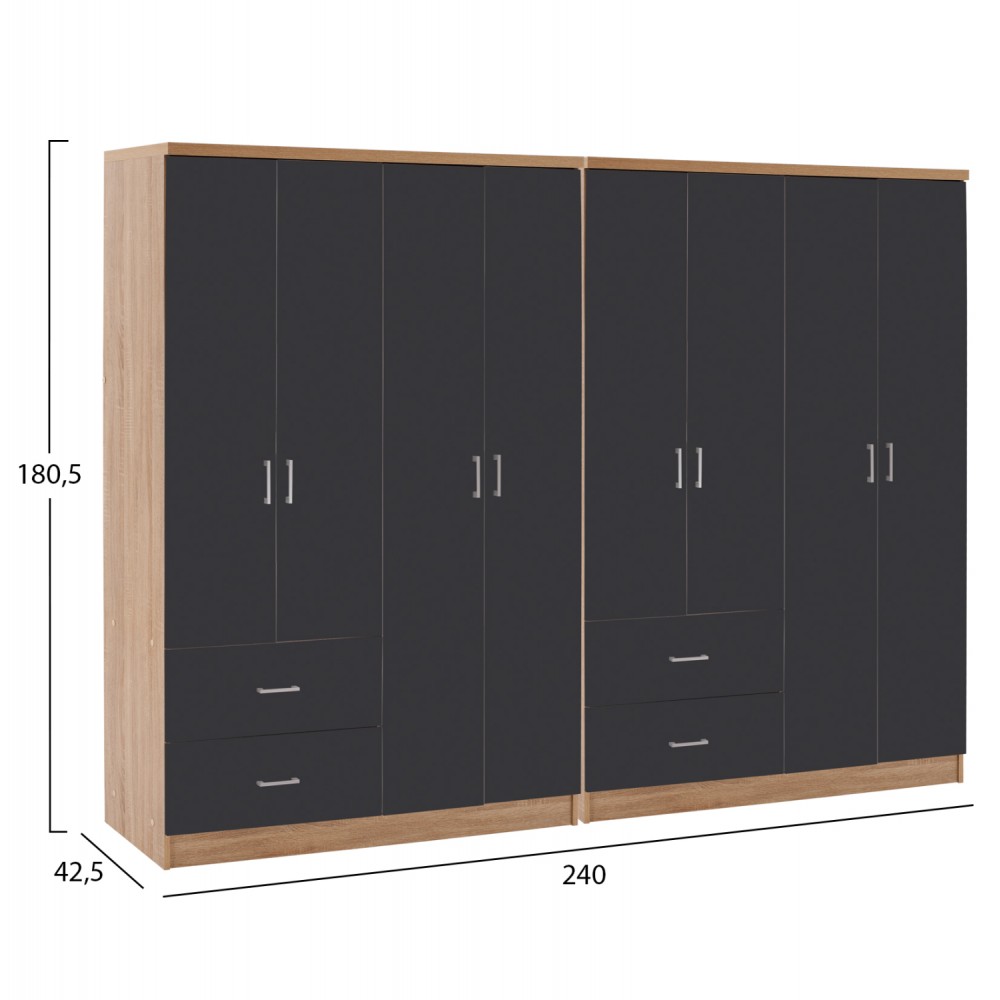 Ντουλάπα "BRIANA" οκτάφυλλη σε χρώμα σκούρο γκρι/σονόμα 241x42.5x180.5