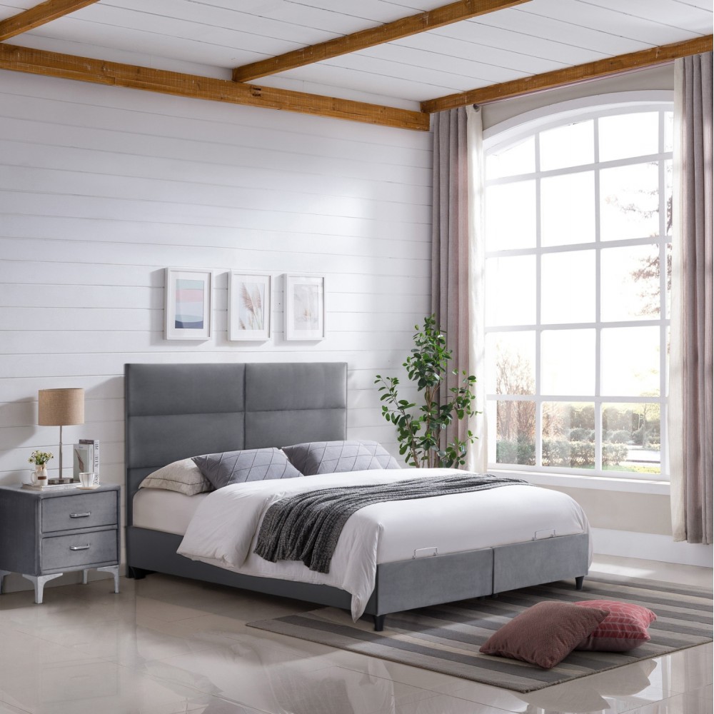 Κρεβάτι "MILO" διπλό με αποθηκευτικό χώρο από ύφασμα βελούδο σε χρώμα γκρι 140x200