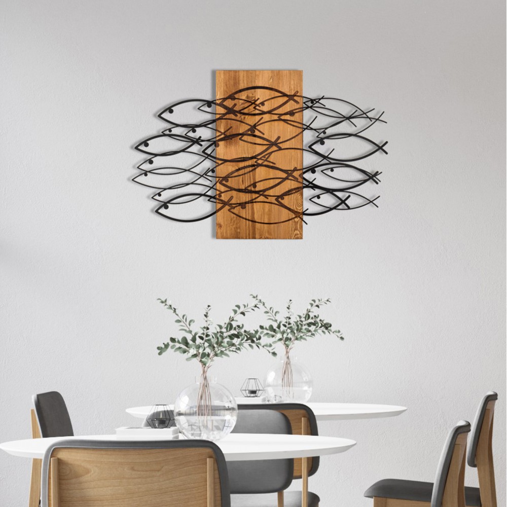 Διακοσμητικό τοίχου με ψάρια από μέταλλο/ξύλο σε χρώμα μαύρο/φυσικό 87x3x58