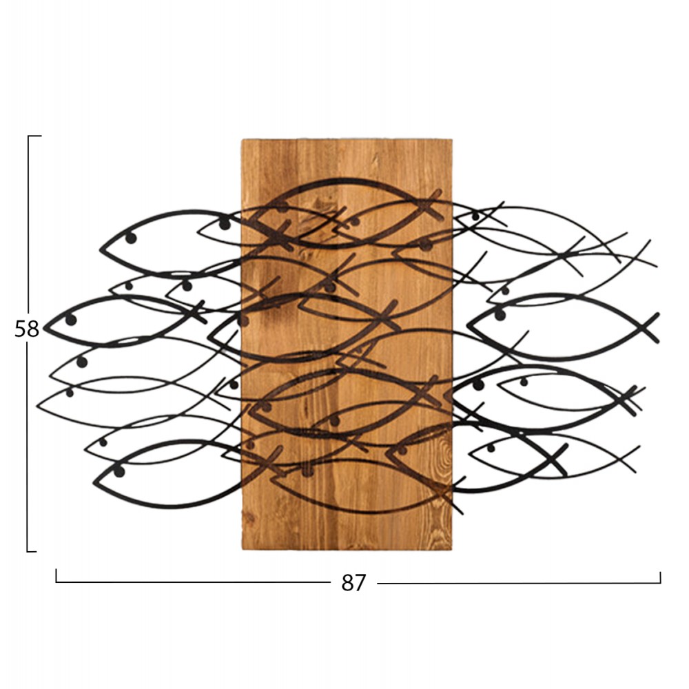 Διακοσμητικό τοίχου με ψάρια από μέταλλο/ξύλο σε χρώμα μαύρο/φυσικό 87x3x58