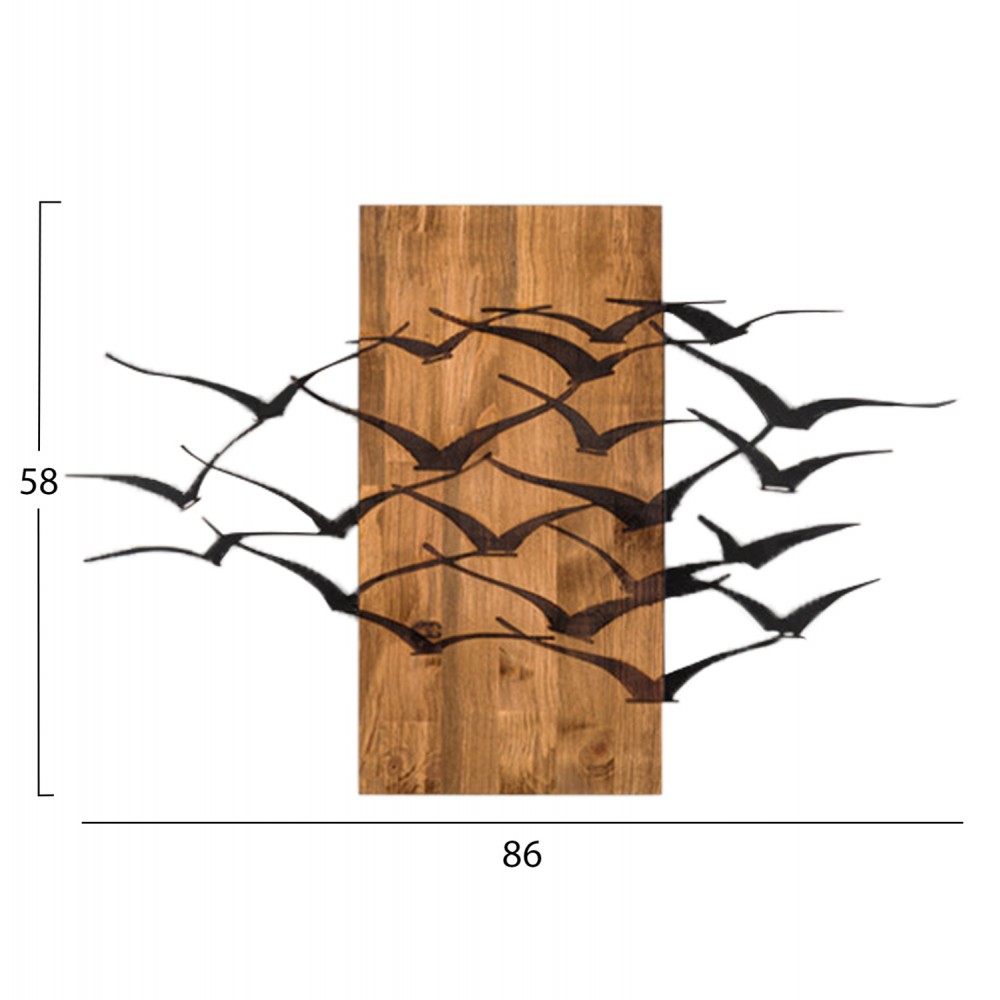 Διακοσμητικό τοίχου με πουλιά από μέταλλο/ξύλο σε χρώμα μαύρο/φυσικό 86x3x58