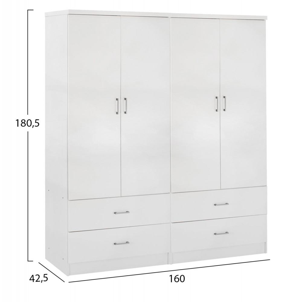 Ντουλάπα "REINA" τετράφυλλη με συρτάρια σε χρώμα λευκό 160x42x180