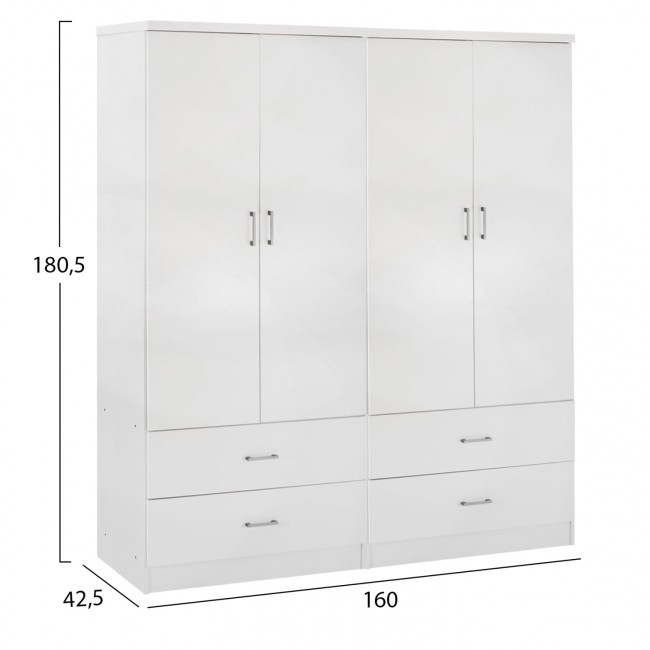 Ντουλάπα "REINA" τετράφυλλη με συρτάρια σε χρώμα λευκό 160x42x180