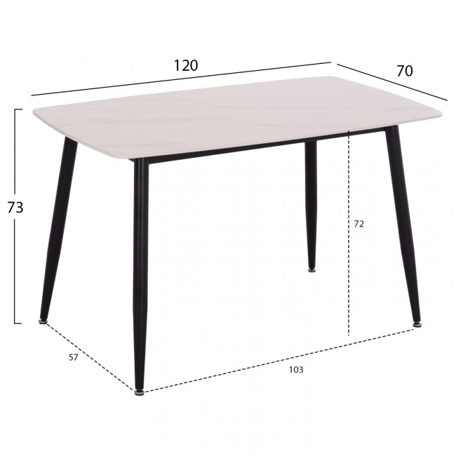 Σετ τραπεζαρίας "RAVEN" 5 τμχ από βελούδο/κεραμικό σε χρώμα σάπιο μήλο/λευκό μαρμάρου 120x70x73