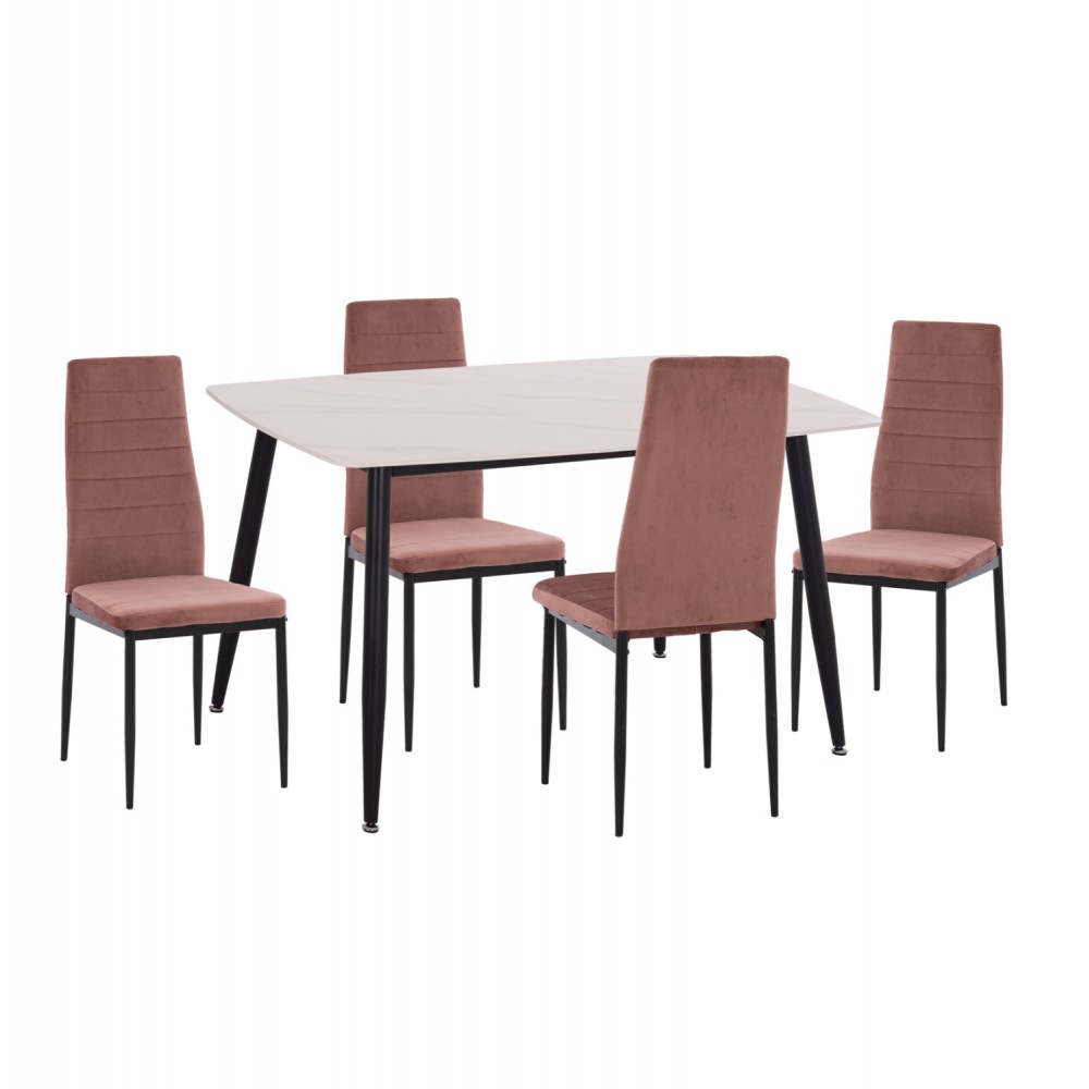 Σετ τραπεζαρίας "RAVEN" 5 τμχ από βελούδο/κεραμικό σε χρώμα σάπιο μήλο/λευκό μαρμάρου 120x70x73