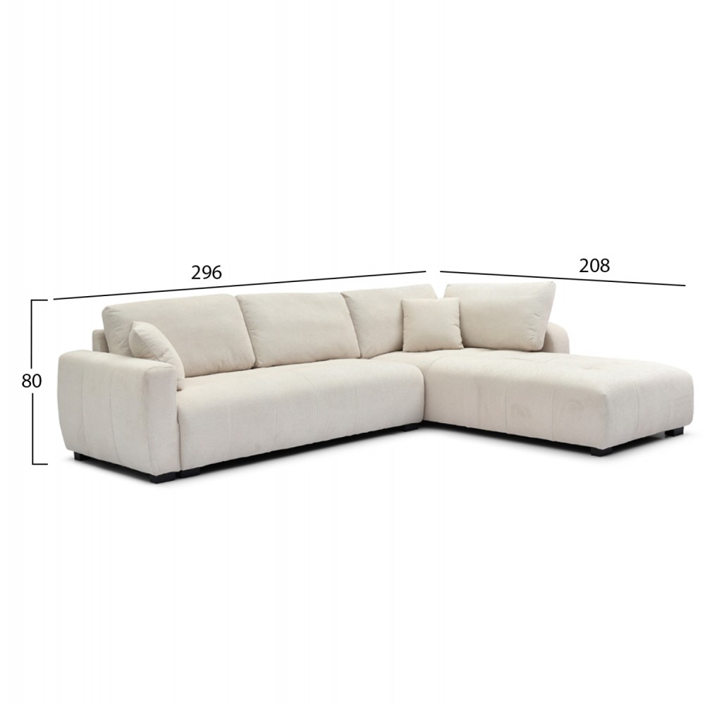 Γωνιακός καναπές "MEDEL" αναστρέψιμος από p.e. ύφασμα σε χρώμα εκρού 296x208x80