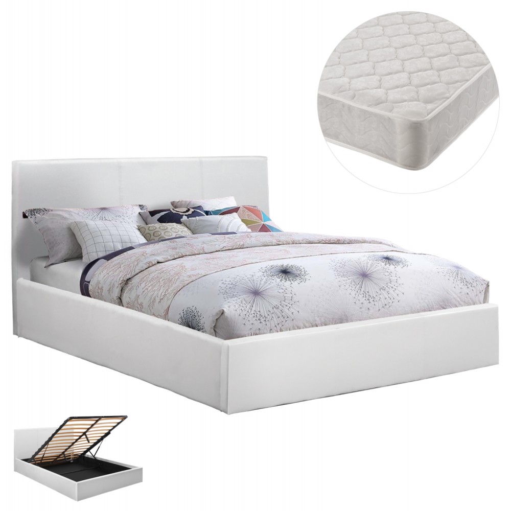 Κρεβάτι διπλό "BOBBI" με στρώμα και αποθηκευτικό χώρο από pu σε χρώμα λευκό 150x200