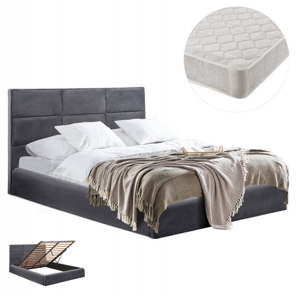 Κρεβάτι διπλό "BRILEY" με στρώμα και αποθηκευτικό χώρο από βελούδο σε χρώμα γκρι 160x200